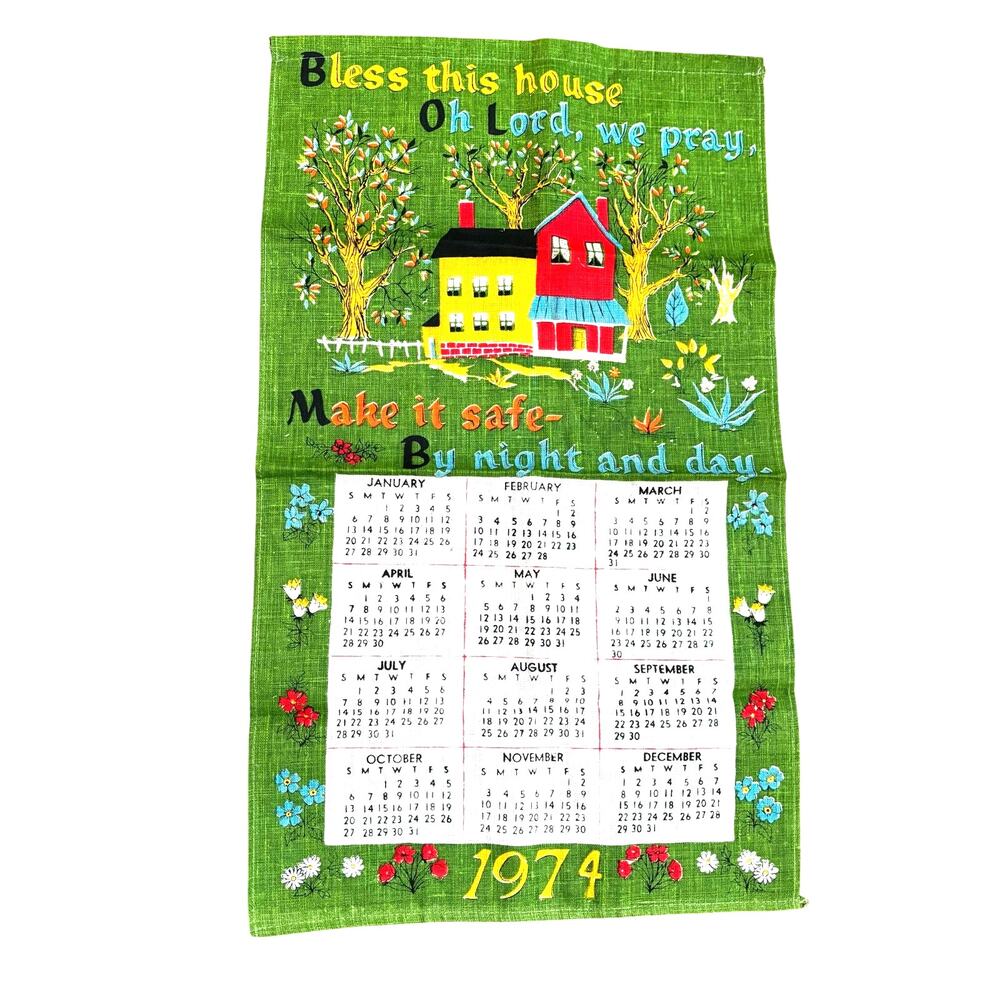 Vintage 1974 linen calendar kitchen tea towel cloth green floral farmhouse